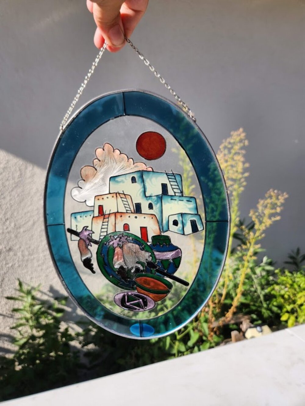 Vintage Southwest Pueblo Glass Suncatcher by Joan Baker 7" x 5.25" Window Decor